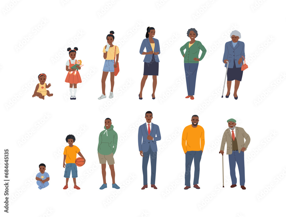Black Woman and man of different ages. Life cycle. Human growth concept vector illustration.