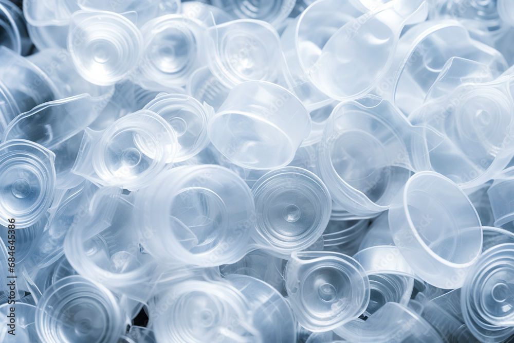 close-up photo of a pile of clear plastic cups with a blue tint, stacked and overlapping against a blurred background, ai generative close-up photo of a pile of clear plastic cups with a blue tint, stacked and overlapping against a blurred background, ai generative
