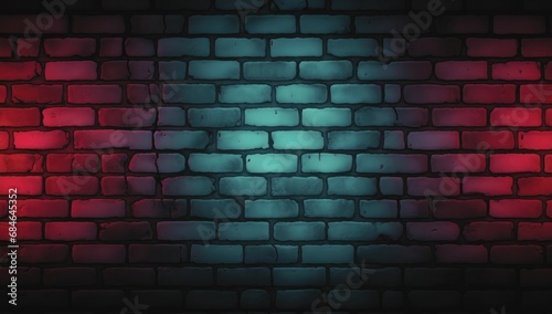 Retro light blue and red neon lights against a rugged brick wall, with the rough texture enhancing the overall effect