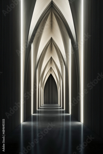 black and white image of a long, dark hallway with pointed arches. Light shines through the top, reflecting on the floor, creating a surreal feel, ai generative