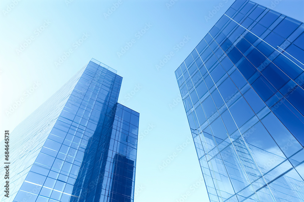 two modern glass skyscrapers against a bright blue, cloudless sky, ai generative