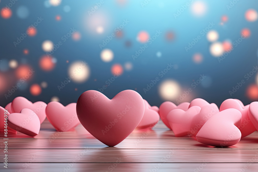 A group of Pink and Red hearts sitting on top of a table blue bokeh background. Valentine's Day Concept for Banner or Poster. A group of Pink and Red hearts sitting on top of a table blue bokeh background. Valentine's Day Concept for Banner or Poster.