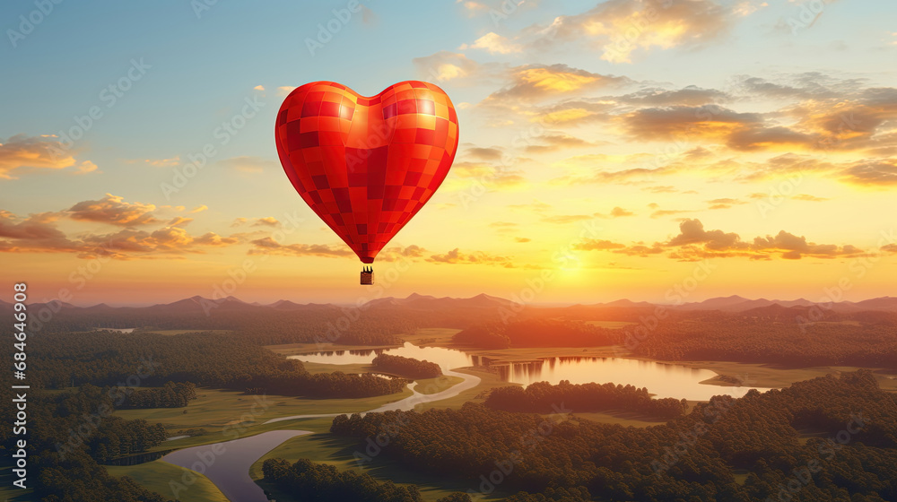 Obraz premium Heart-Shaped Hot Air Balloon Soaring in the Sunset Sky: Beautiful Landscape Background with Copy Space. Valentine's Day Banner or Poster.