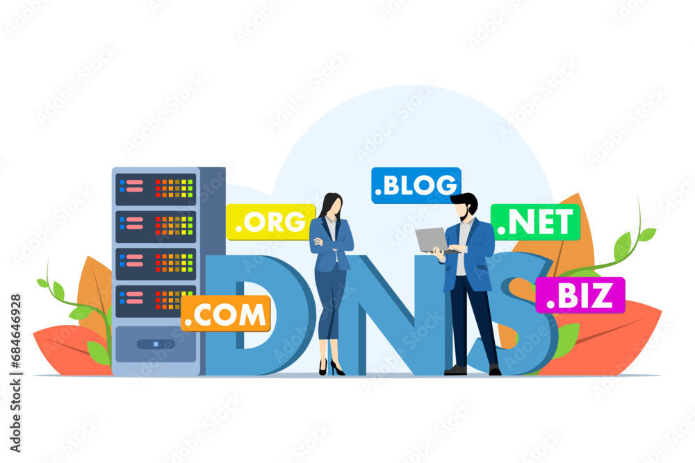 Domain name system concept, DNS, Website domain name, Internet or cyberspace, Domain registration web page, Choose, find, buy, register website domain name, flat vector illustration. Domain name system concept, DNS, Website domain name, Internet or cyberspace, Domain registration web page, Choose, find, buy, register website domain name, flat vector illustration.