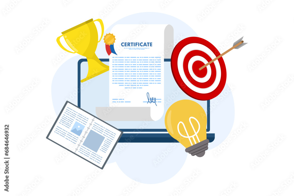 certificate concept, Awards, prizes and appreciation, Online education, training courses, E-learning, Digital certificate programs, Remote and distance studies, flat vector illustration on background. certificate concept, Awards, prizes and appreciation, Online education, training courses, E-learning, Digital certificate programs, Remote and distance studies, flat vector illustration on background.