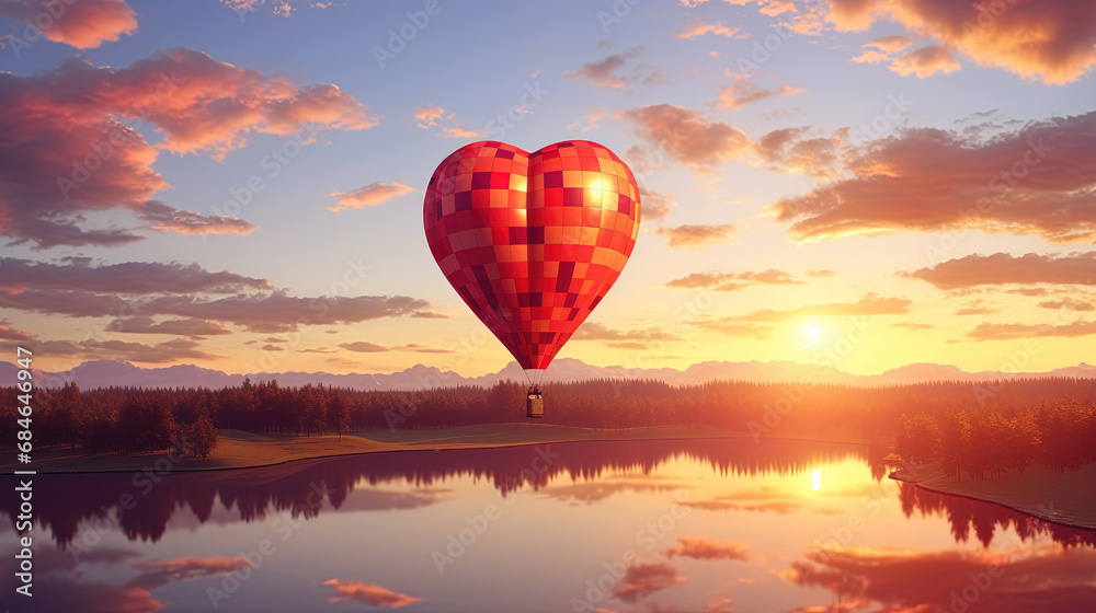 Fototapeta premium Heart-Shaped Hot Air Balloon Soaring in the Sunset Sky: Beautiful Landscape Background with Copy Space. Valentine's Day Banner or Poster.