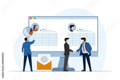 Concept of online recruitment, HR, human resource management, employment. People of Character Choose the Best Candidate for a Job. HR Manager Looking for New Employees. vector flat illustration.