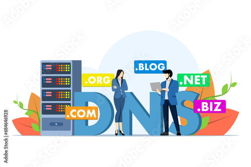 Domain name system concept, DNS, Website domain name, Internet or cyberspace, Domain registration web page, Choose, find, buy, register website domain name, flat vector illustration.