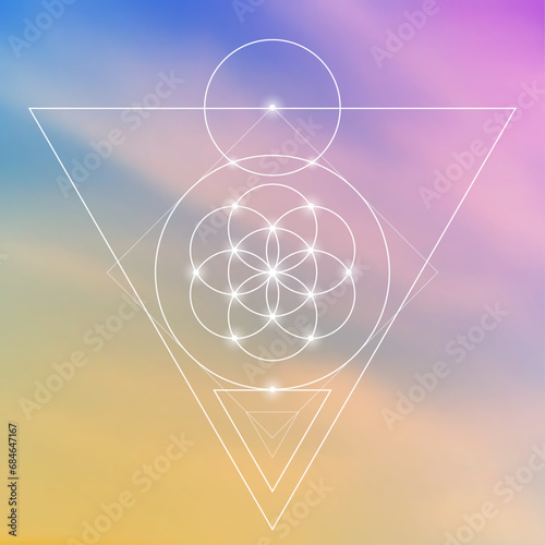 Flower of life. Tree of life. Sacred geometry spiritual new age futuristic illustration with transmutation interlocking circles, triangles and glowing particles