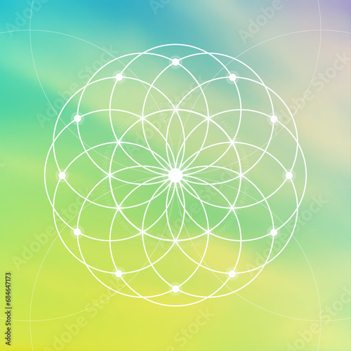 Flower of life. Tree of life. Sacred geometry spiritual new age futuristic illustration with transmutation interlocking circles, triangles and glowing particles