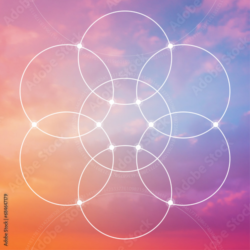 Flower of life. Tree of life. Sacred geometry spiritual new age futuristic illustration with transmutation interlocking circles, triangles and glowing particles