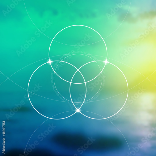 Flower of life. Tree of life. Sacred geometry spiritual new age futuristic illustration with transmutation interlocking circles, triangles and glowing particles