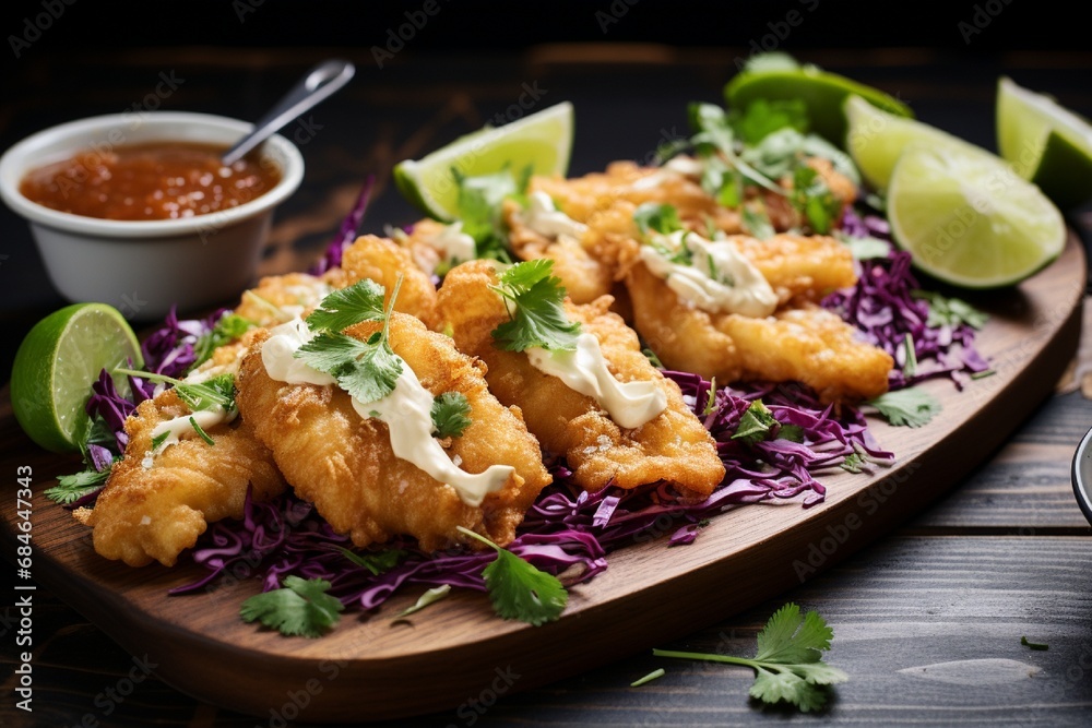 A platter of crispy fish tacos with cabbage slaw, lime wedges, and a drizzle of chipotle sauce. A platter of crispy fish tacos with cabbage slaw, lime wedges, and a drizzle of chipotle sauce.