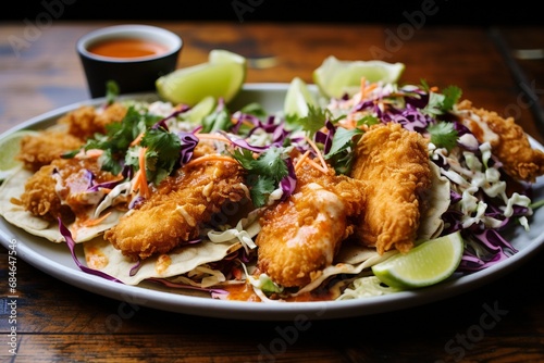 A platter of crispy fish tacos with cabbage slaw, lime wedges, and a drizzle of chipotle sauce.
