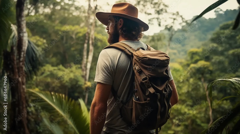 A man in a hat walking through a tropical forest
