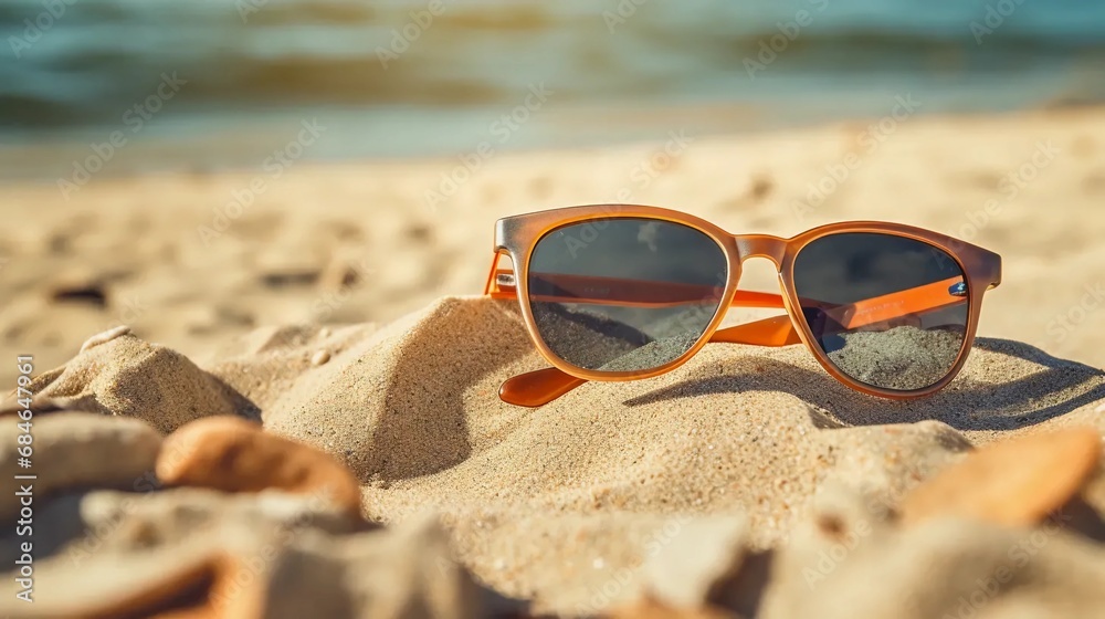 Sunglasses on the sand, concept of rest by the water, vacation trip