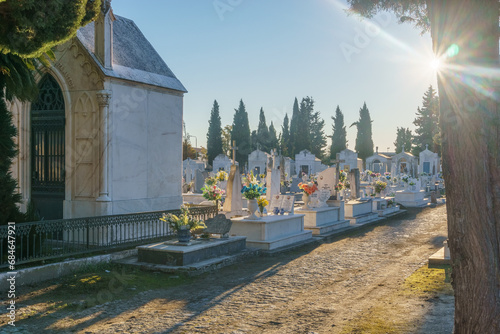 Beautiful traditional portuguese graveyard Cemiterio de Evora with graves and tombstones made out of white marble, Evora, Alentejo, Portugal