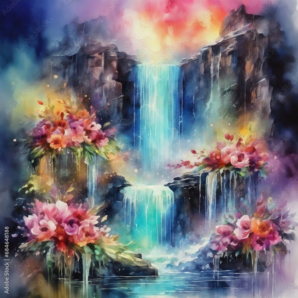 watercolor of waterfall with flowers, contemporary intricate art, detailed, high resolution