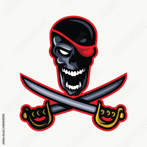 Pirate skull head with cross sword retro illustration mascot (ID: 684648104)