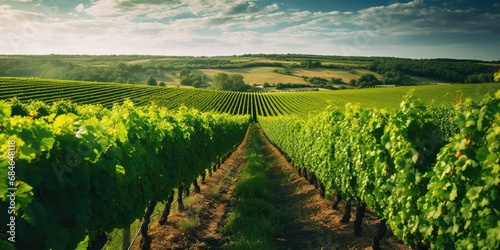 healthy vineyard in summertime. gentle hills in the background. harmonic styled image. 