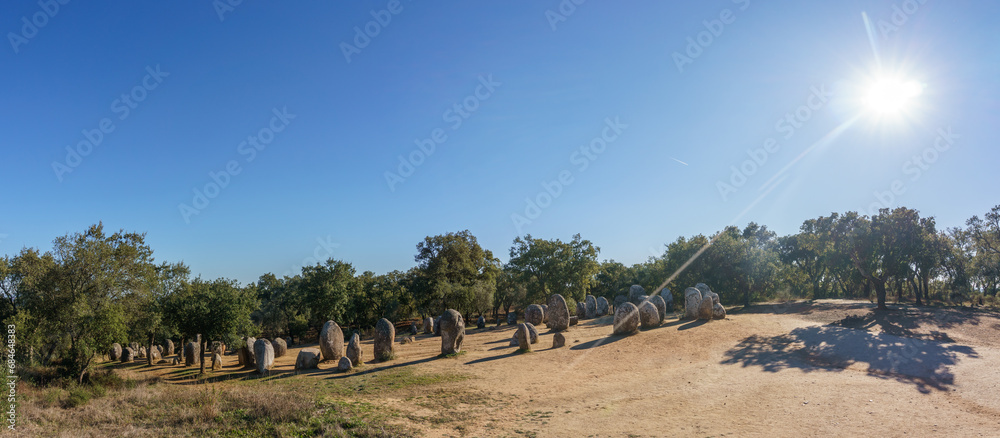 Fototapeta premium Almendres cromlech ancient prehistoric stone circle is the most important of the iberian peninsula near Evora, Alentejo, Portugal