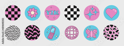 Round retro y2k stickers, labels, symbols, drawings, story highlights, logos, emblems, objects, backgrounds. Vector design elements.