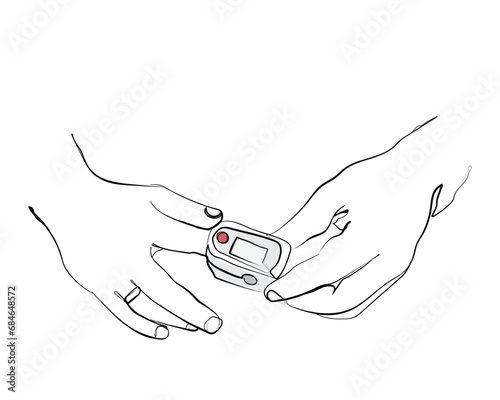 hand drawn line art vector of a persons hand measuring pulse using pulse oximeter. Medical and health elements art