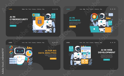 Ai integration dark or night mode web or landing set. Artificial intelligence, neural network assistance and robotization. Self-learning computing system processing big data. Flat vector illustration