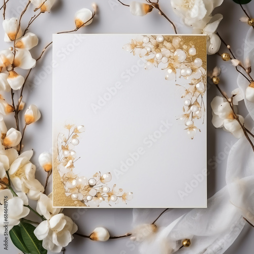 Floral banner, mockup on light background for wedding invitation, greeting card, anniversary, in white gold colors