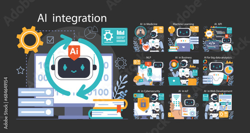 Ai integration dark or night mode set. Artificial intelligence , neural network assistance and robotization of life. Self-learning computing system processing big data. Flat vector illustration