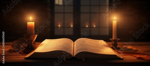 Candlelit bible on a table copy space image