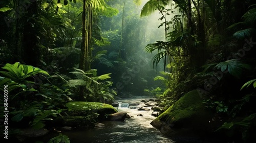 Tropical forest on a sunny day, different types of vegetation and a calm river, journey to the jungle photo