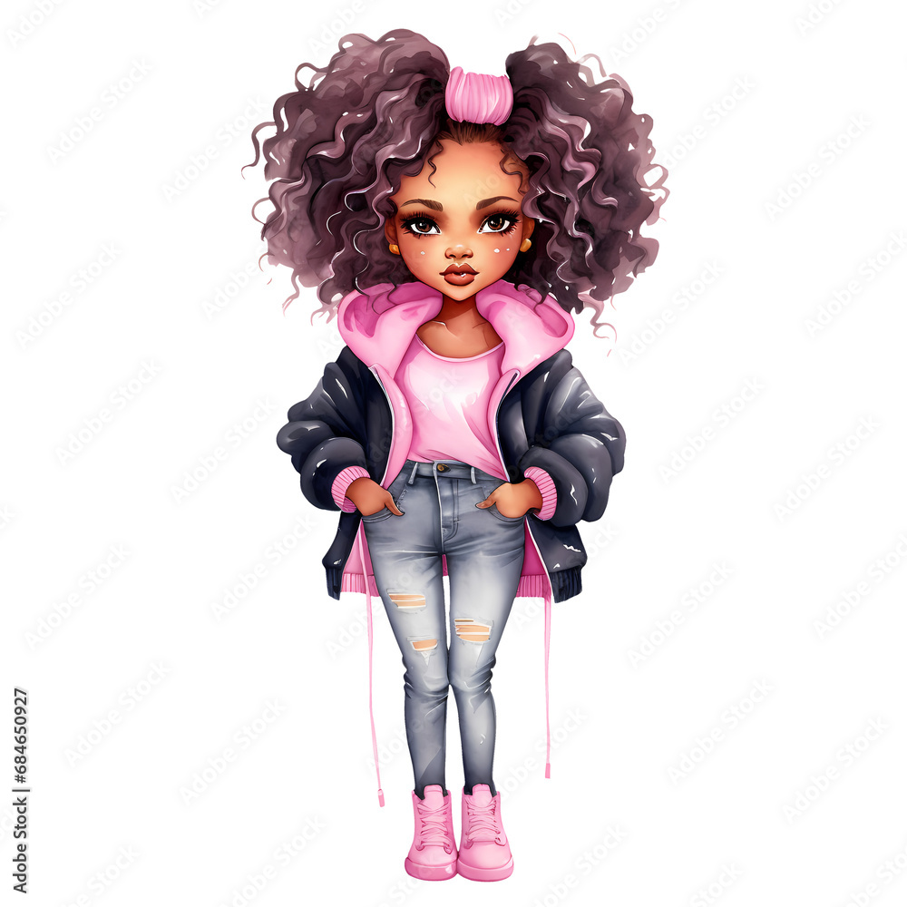 Cute Black Woman Fashion Watercolor Clipart Illustration