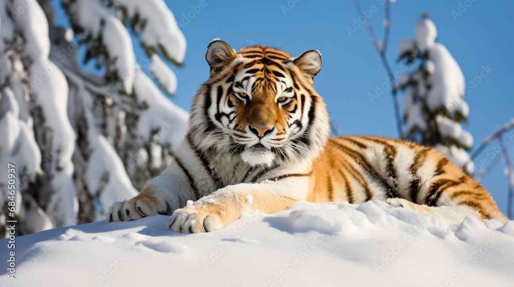 Obraz premium A Siberian tiger resting on a snow-covered rock in a wintry landscape