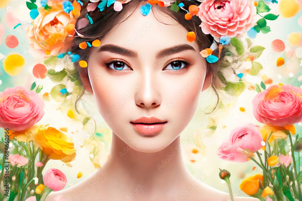 Abstract art collage. Closeup face of young beautiful woman with a healthy clean skin against a background of delicate flowers accentuating her natural beauty.