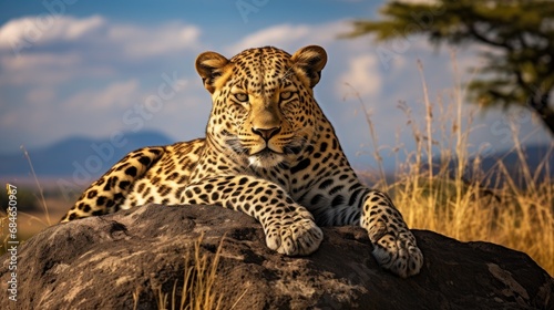 A sleek leopard lounging on a moss-covered rock in the heart of the African savannah © MAY