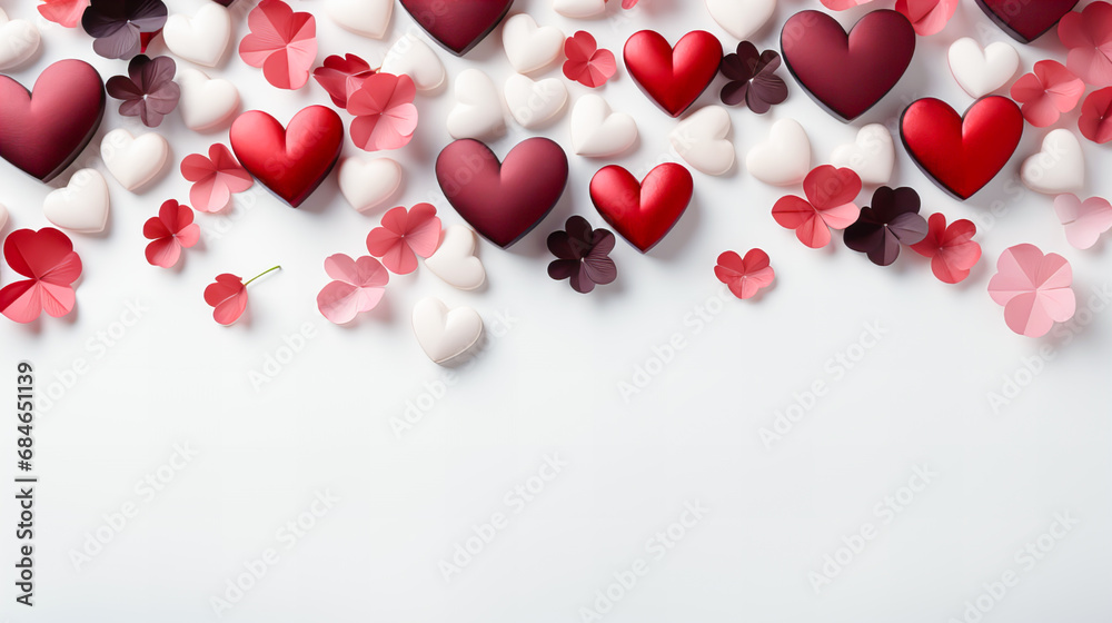 Valentine's day background with red and white hearts on white background. 3d rendering. Generative AI technology. Valentine's day background with red and white hearts on white background. 3d rendering. Generative AI technology.