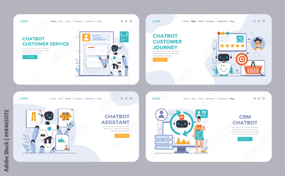 Chat bot web or landing set. AI-powered customer service. Online consultation with artificial neural network. Artificial intelligence virtual assistant. Flat vector illustration