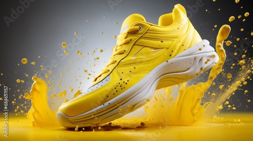 A realistic, up-close shot of a yellow sneaker in motion, highlighting its texture and style on a clean white background