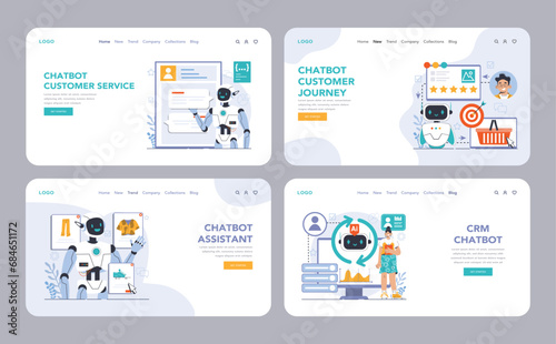 Chat bot web or landing set. AI-powered customer service. Online consultation with artificial neural network. Artificial intelligence virtual assistant. Flat vector illustration