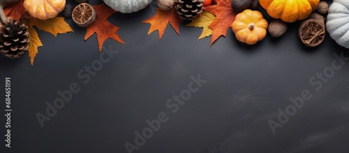 Autumn themed flat lay with pine cones pumpkins dried leaves and a pumpkin latte on a dark grey stone surface top view copy space copy space image photo