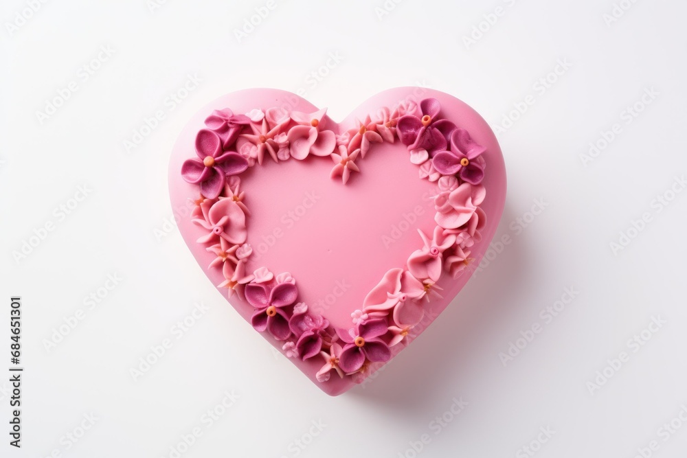 pink heart shaped cake on white background, overview view