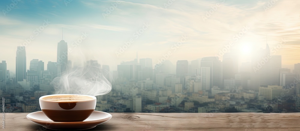 Coffee cup over city backdrop copy space image