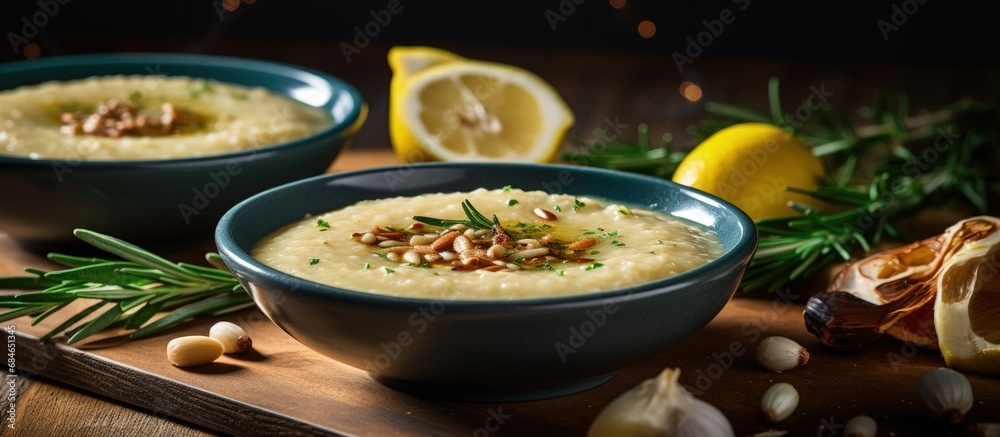 Bean soup with vegetables rosemary garnish and Parmesan copy space image