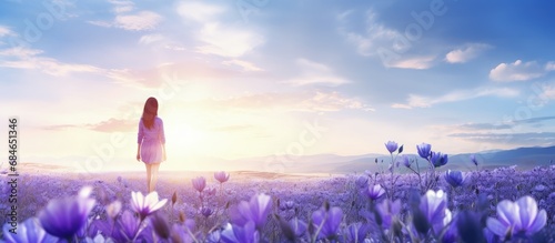 Blooming blue and purple flowers with growing root surrounded by beautiful green nature under a shining sun in an open sky copy space image photo