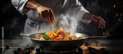 Busy chef cooking stir fry in the kitchen copy space image photo