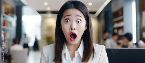 Amazed Asian businesswoman reacts to camera says wow in office Shocked female student celebrates good news indoors copy space image