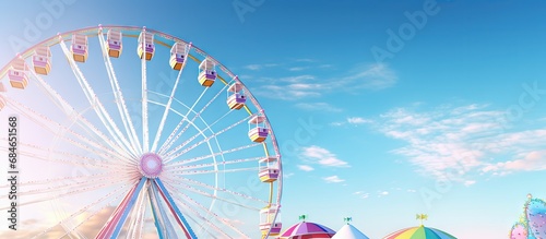 Amusement ride with rotating wheel carrying cars on the edge copy space image