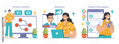 Collaboration tools set. Man showcasing version control, woman attending online webinars, texting via instant messaging. Seamless teamwork, digital communication. Flat vector illustration