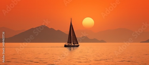 A sailboat with raised sails is outlined against the sunset and hazy orange sky amidst two coastal landmasses in Costa Rica copy space image photo